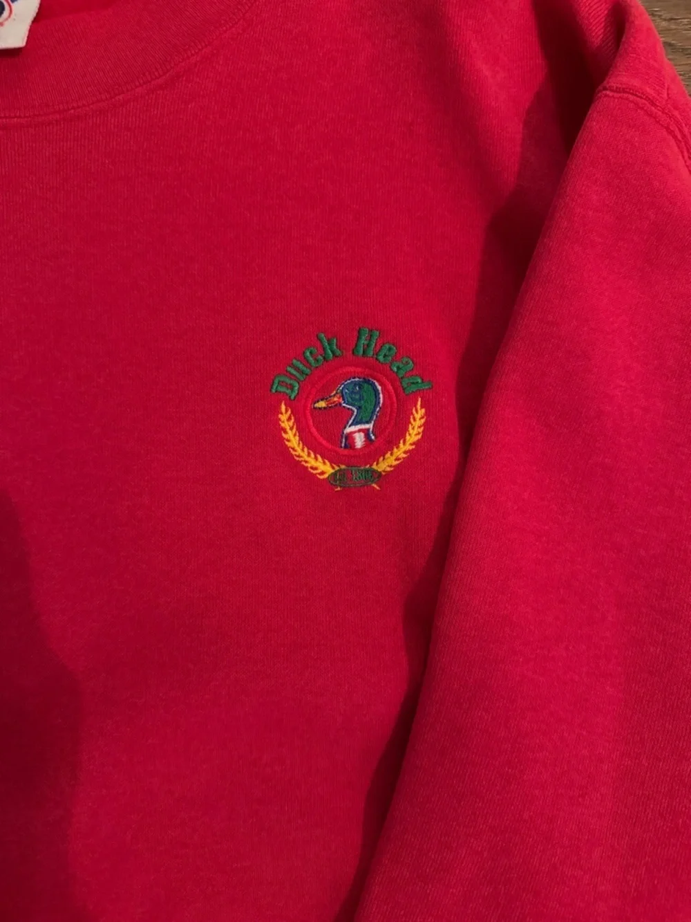 Duck Head Red Crewneck Sweatshirt with Small Embroidered Chest Logo
